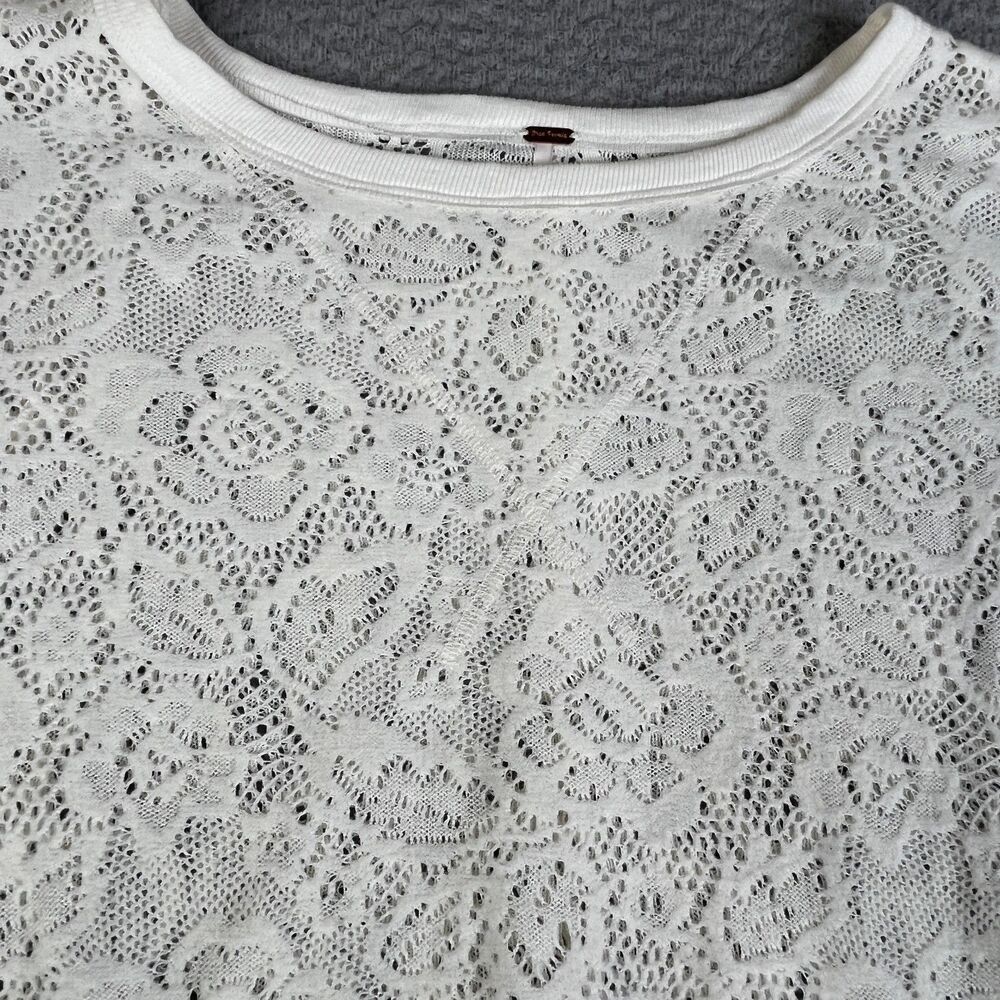 FREE PEOPLE Blouse Womens S Lace Pullover Peplum Floral Knit Sheer Ruffle Ivory